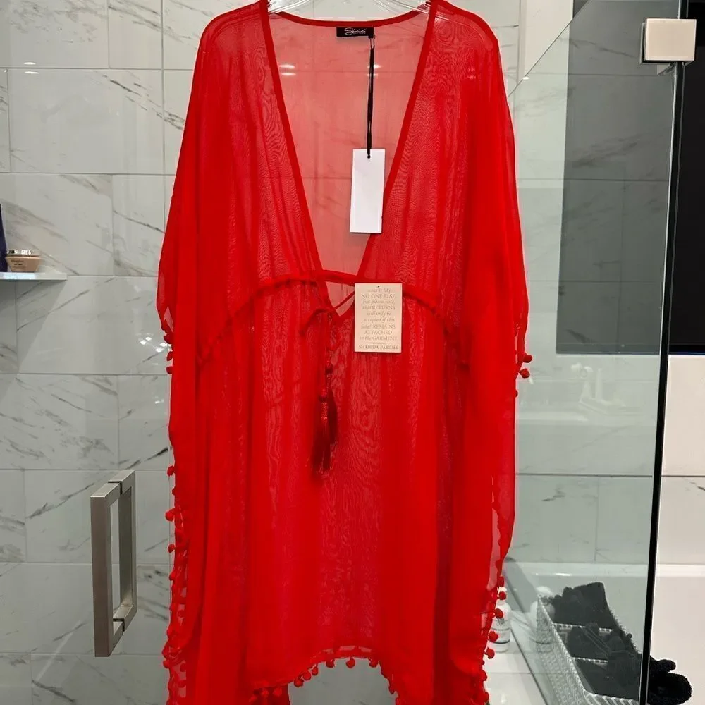 11-Cherry Red Tassel Trim Short Swim Cover by Shahida Parides